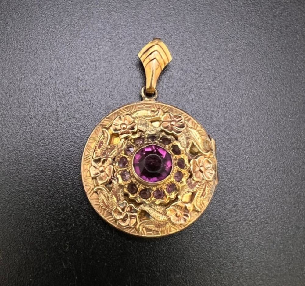 Vintage Walter Lampl gold filled locket pendant ornate floral purple glass READ
